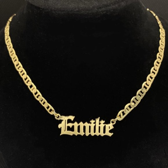 Custom Name Old English Necklace Flat Chain Personalized Jewelry Women Men Gift - Picture 1 of 8